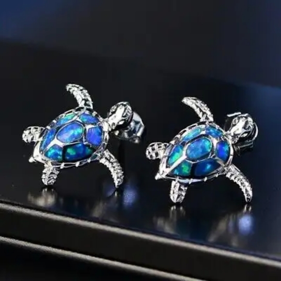 Blazing Blue Fire Opal Sea Turtle Earrings - Picture 4 of 12